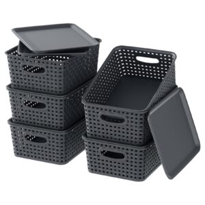 xyskin 6 pack plastic storage baskets with lid, lidded organizer shelf basket bin for shelves drawers desktop, grey