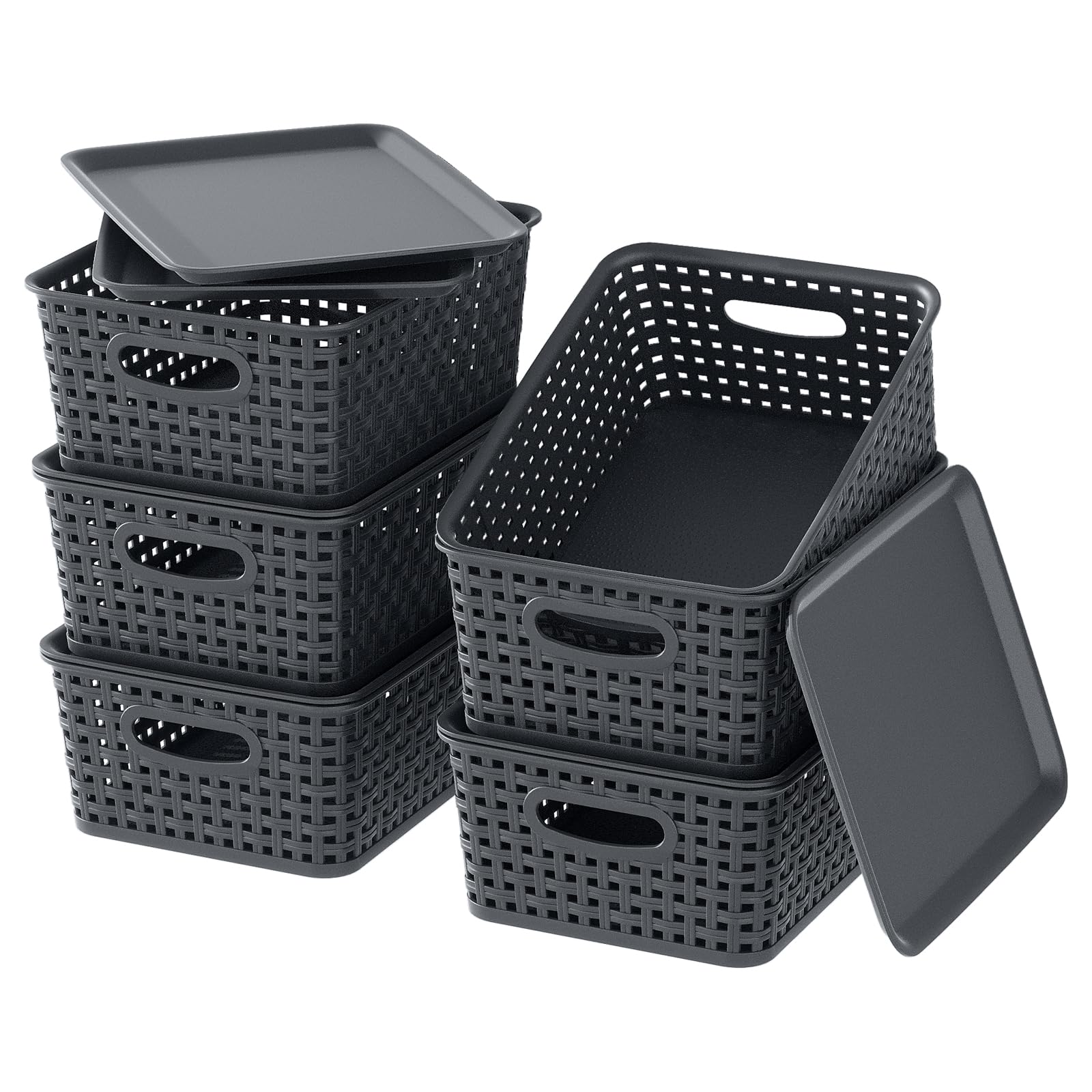 Xyskin 6 Pack Plastic Storage Baskets with Lid, Lidded Organizer Shelf Basket Bin for Shelves Drawers Desktop, Grey