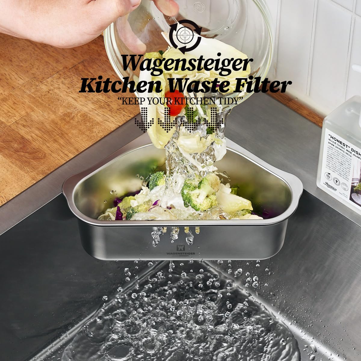 WAGENSTEIGER Triangular Stainless Steel Sink Cady, Sponge Holder/Multifunctional ; Sink Colander, Kitchen Sink Food Filter, Sink Strainer for Kitchen Waste & Food Scraps, Food Catcher Collector