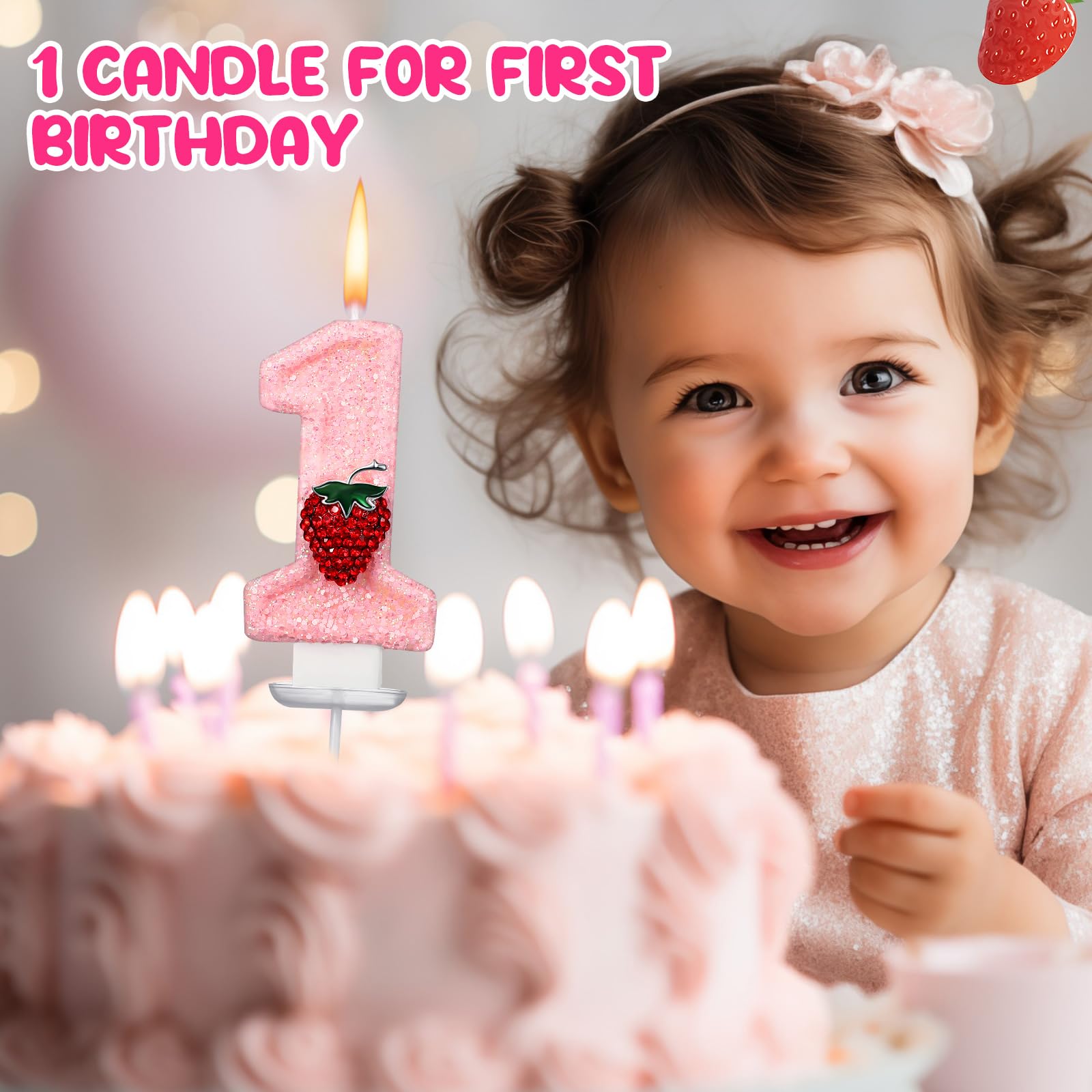 Conelist 1 Candle for First Birthday Candle Pink Number 1 Candle Cute Berry One Candle Glitter Birthday Candle for Cake Topper Party Supplies 1st Birthday Anniversary Decorations(Strawberry)