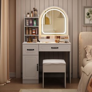 Vabches Vanity Desk Vanity Mirror Makeup Desk with Lights, Vanity Desk with Mirror and LED Lights, Vanity Set with 2 Drawers and Shelves,2 Trays, Side Cabinet, Stool, White