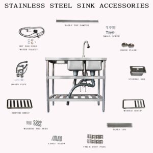 Qian Kun Industrial Grade Left-Hand Utility Sink Station with 304 Stainless Steel Double Bowl - 39.3x19.7x35.4Inch - NSF Certified - Ideal for Outdoor, Commercial, Garage, and Kitchen Use