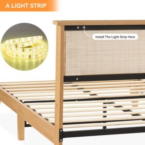 coucheta Rattan Bed Frame Full with Natural Rattan Headboard,Bohemian Rattan Full Size Bed Frame with LED Lights,Solid Wood Foundation with Silent Slats,No Box Spring Needed (Full)