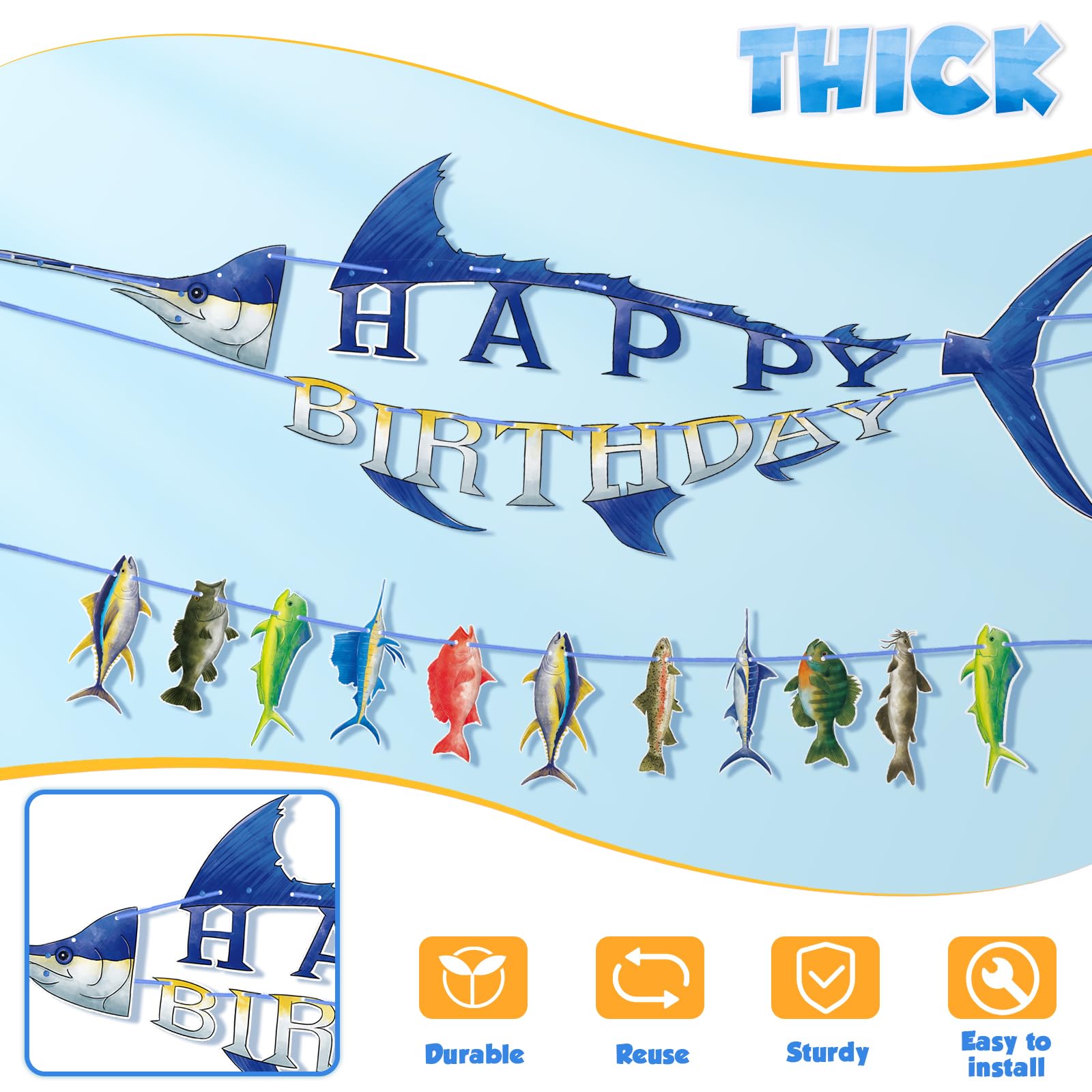 WERNNSAI Fishing Happy Birthday Party Banner - Gone Fishing String Hanging Banner with Pre-strung Fishing Banner Supplies for Boys Litter Fisherman Birthday Party Hanging Wall Decorations