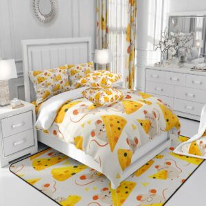 Feelyou Cartoon Mouse Duvet Cover Yellow Cheese Bedding Set for Kids Boys Girls Teens Toddler Cute Mouse Comforter Cover Set Full Size Animal Print Bedspread Cover 3Pcs Zipper