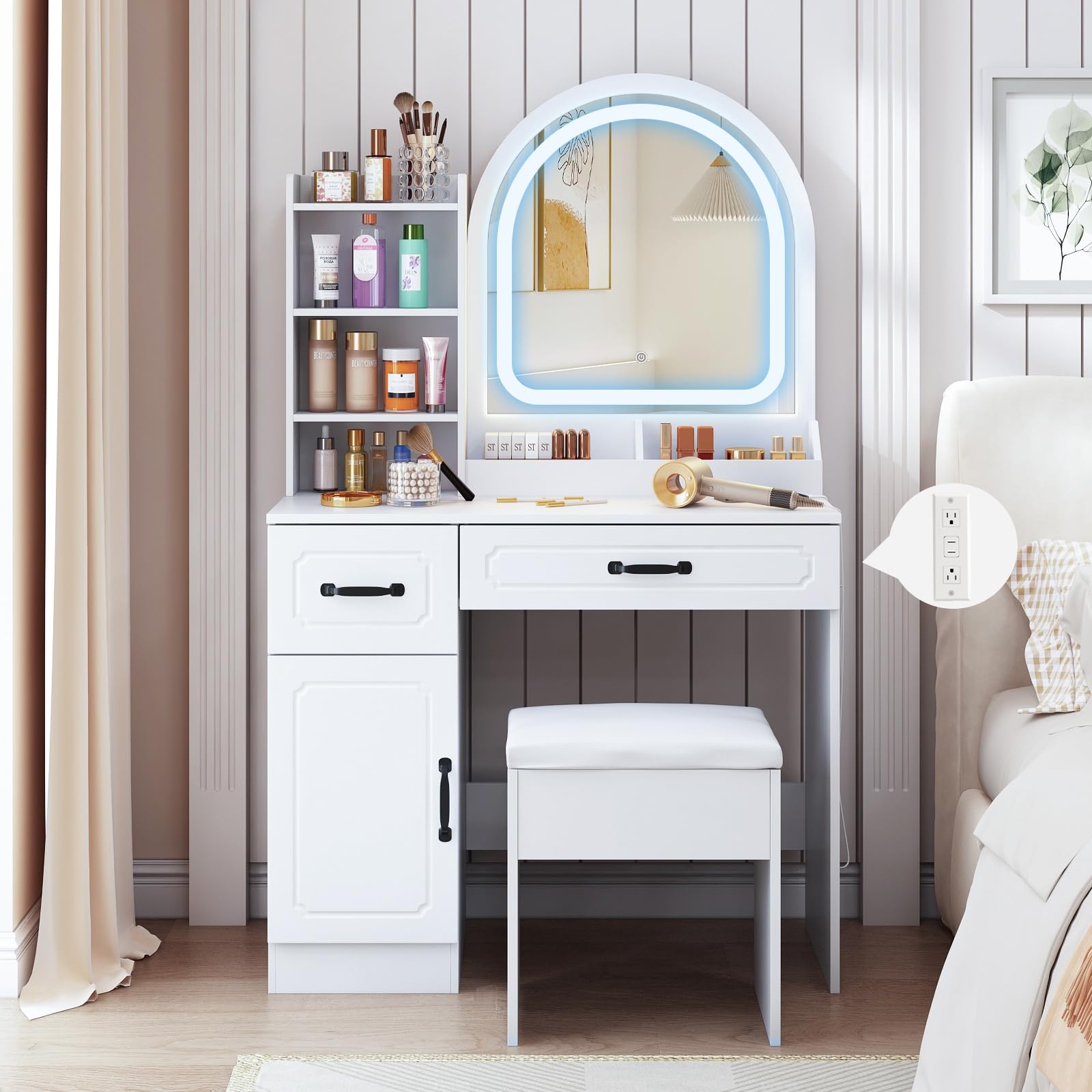 Vabches Vanity Desk Vanity Mirror Makeup Desk with Lights, Vanity Desk with Mirror and LED Lights, Vanity Set with 2 Drawers and Shelves,2 Trays, Side Cabinet, Stool, White