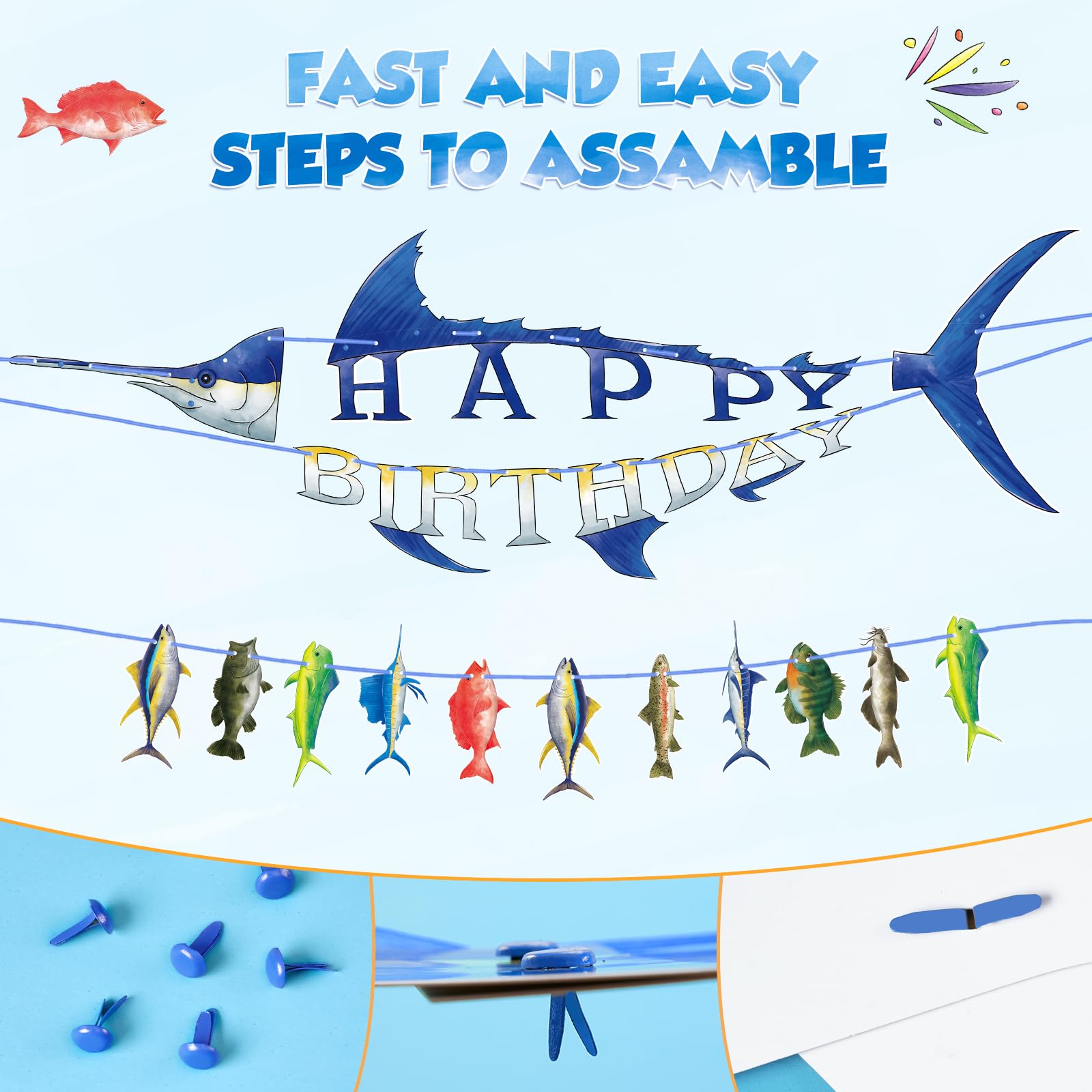 WERNNSAI Fishing Happy Birthday Party Banner - Gone Fishing String Hanging Banner with Pre-strung Fishing Banner Supplies for Boys Litter Fisherman Birthday Party Hanging Wall Decorations