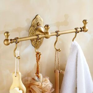 TEMKIN Brass Towel Rail Bar Bathroom Towel Hook Rack，Bath Coat Rack Hook Wall Mounted with 4 Hooks，Antique Bath Robe Hanger Coat Hook Rack Holders，Indoor Kitchen Lavatory Hot Tub Accessories