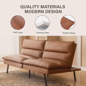 Futon Sofa Bed, Memory Foam Futon Couch with Adjustable Backrest, Multi-Functional Design Convertible Sofa Bed, Space-Saving Sleeper Sofa for Living Room(Brown-PU)