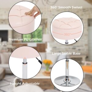 LITZFUR Adjustable Vanity Stool, 360° Swivel Round Storage Ottoman for Makeup Room, PU Leather Vanity Chair for Bathroom, Living Room, Women's Gifts, Pink