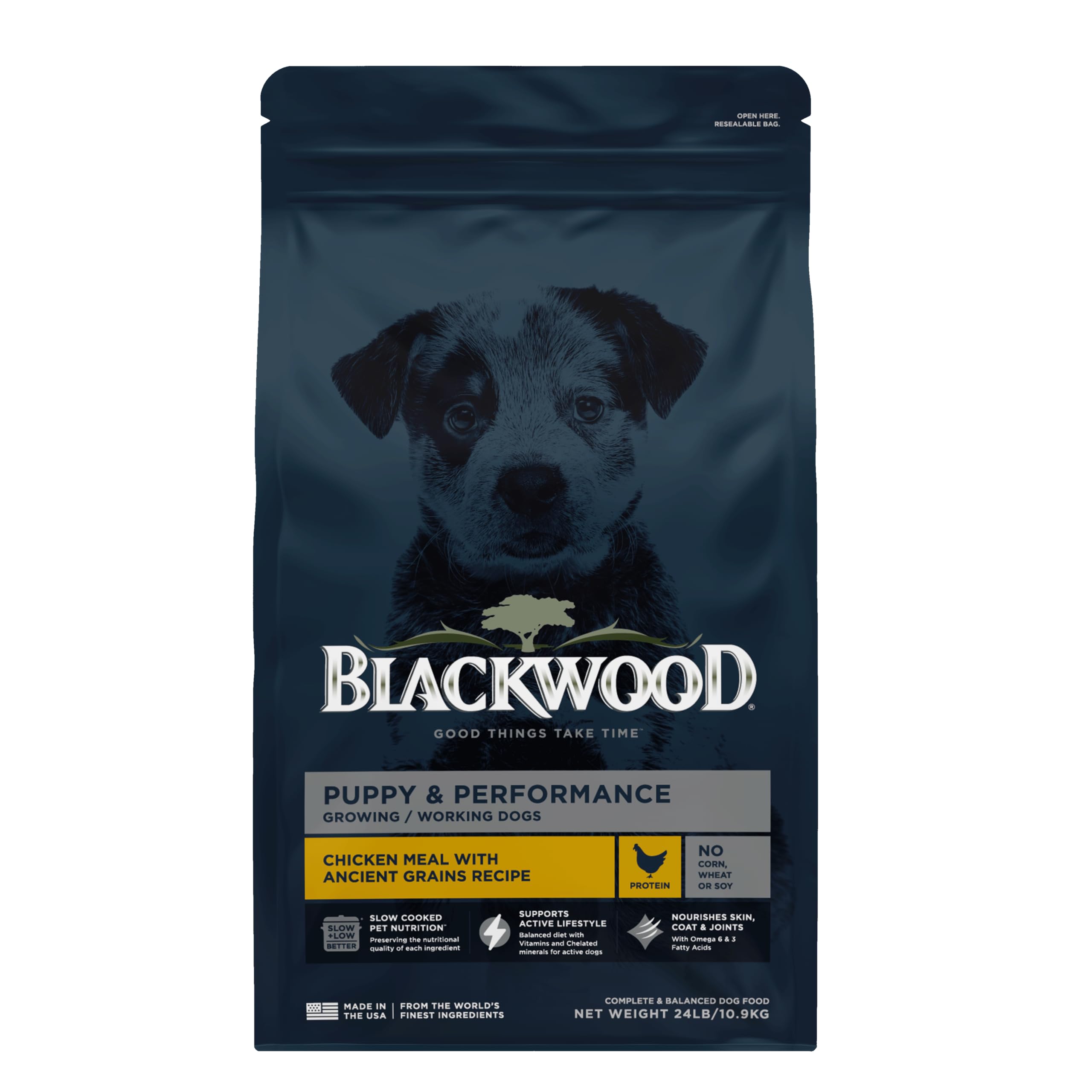 Blackwood Puppy & Performance Dry Dog Food, Chicken Meal with Ancient Grains, 24 Pound Bag for Growing & Working Dogs, Supports Active Lifestyle