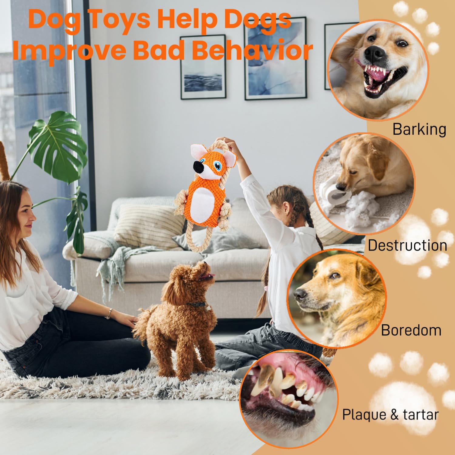 CIIVURR Interactive Dog Toys for Large Dogs, Plush Tug of War Dog Toy to Keep Them Busy, Squeaky Tough Dog Chew Toys for Boredom, Dog Teething Toys for Small, Medium & Large Dogs (Fox)