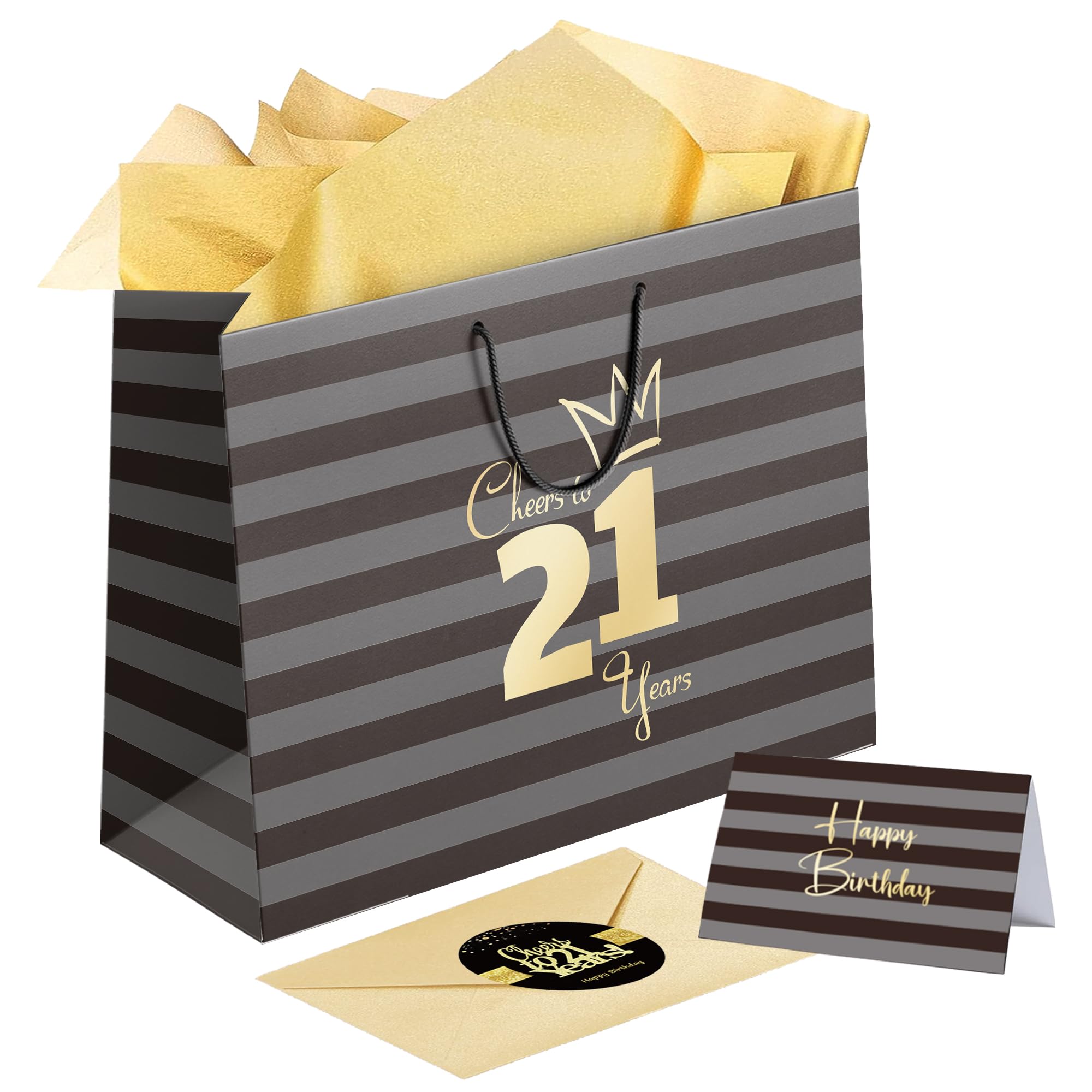 Sumerk 1 PC 13" Large Gift Bag with Card Stickers and Tissue Paper 21st Birthday Bag for Women Men Happy 21st Birthday Gift Bag