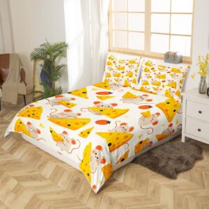 Feelyou Cartoon Mouse Duvet Cover Yellow Cheese Bedding Set for Kids Boys Girls Teens Toddler Cute Mouse Comforter Cover Set Full Size Animal Print Bedspread Cover 3Pcs Zipper