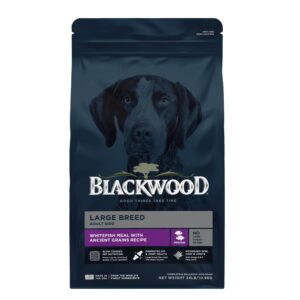 blackwood large breed dry dog food, whitefish with ancient grains, 24 pound bag for adult dogs, slow cooked with green mussels to promote hip & joint health