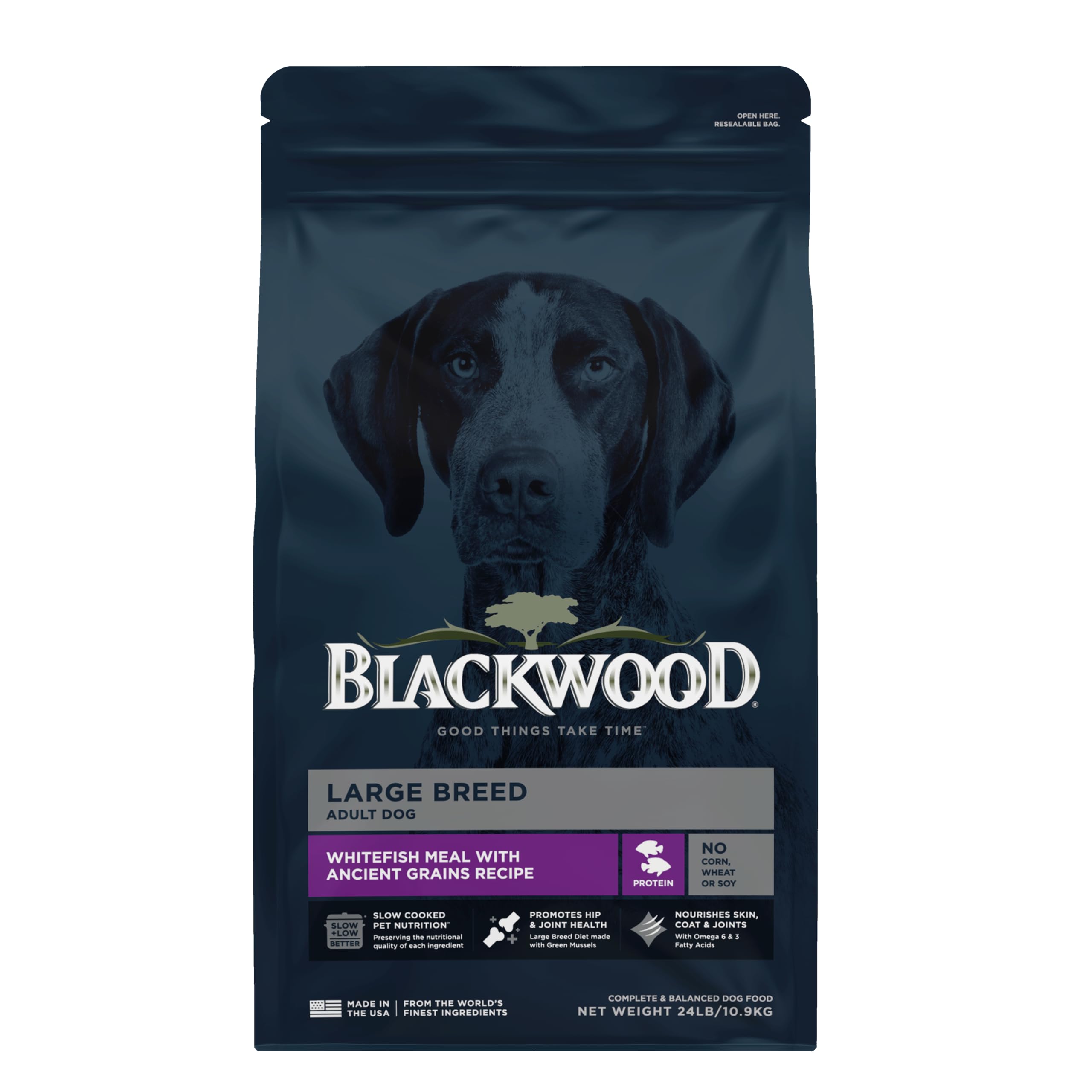 Blackwood Large Breed Dry Dog Food, Whitefish with Ancient Grains, 24 Pound Bag for Adult Dogs, Slow Cooked with Green Mussels to Promote Hip & Joint Health