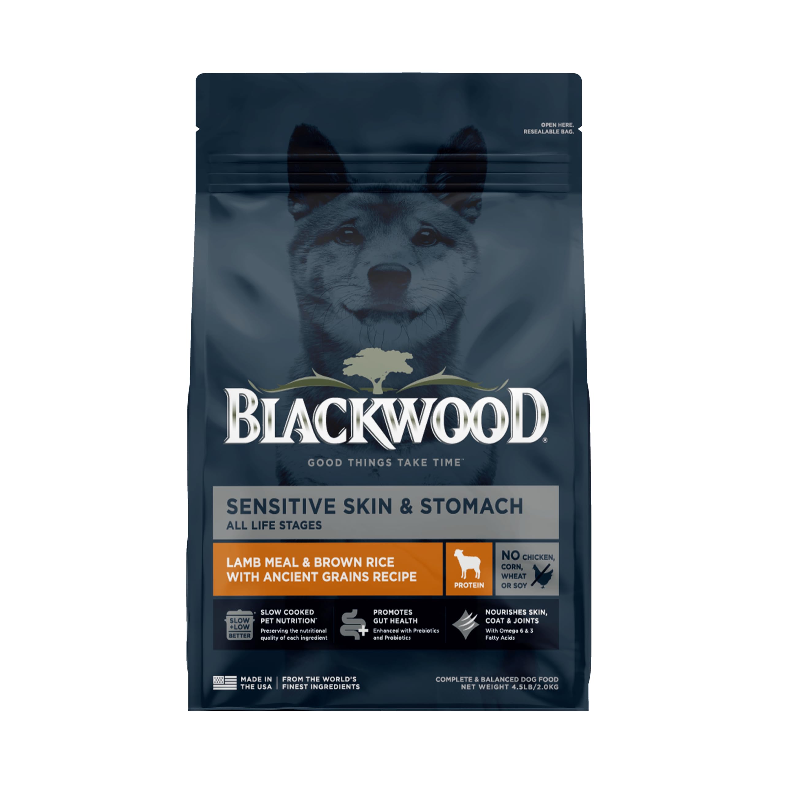 Blackwood Sensitive Skin & Stomach Dry Dog Food, Lamb Meal & Brown Rice with Ancient Grains, 4.5 Pound Bag with Prebiotics & Probiotics to Promote Gut Health