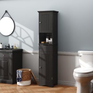 choochoo 67" tall bathroom storage cabinet freestanding with adjustable shelves, narrow storage linen cabinet with 2 doors and 1 drawers for bathroom, living room, kitchen, black