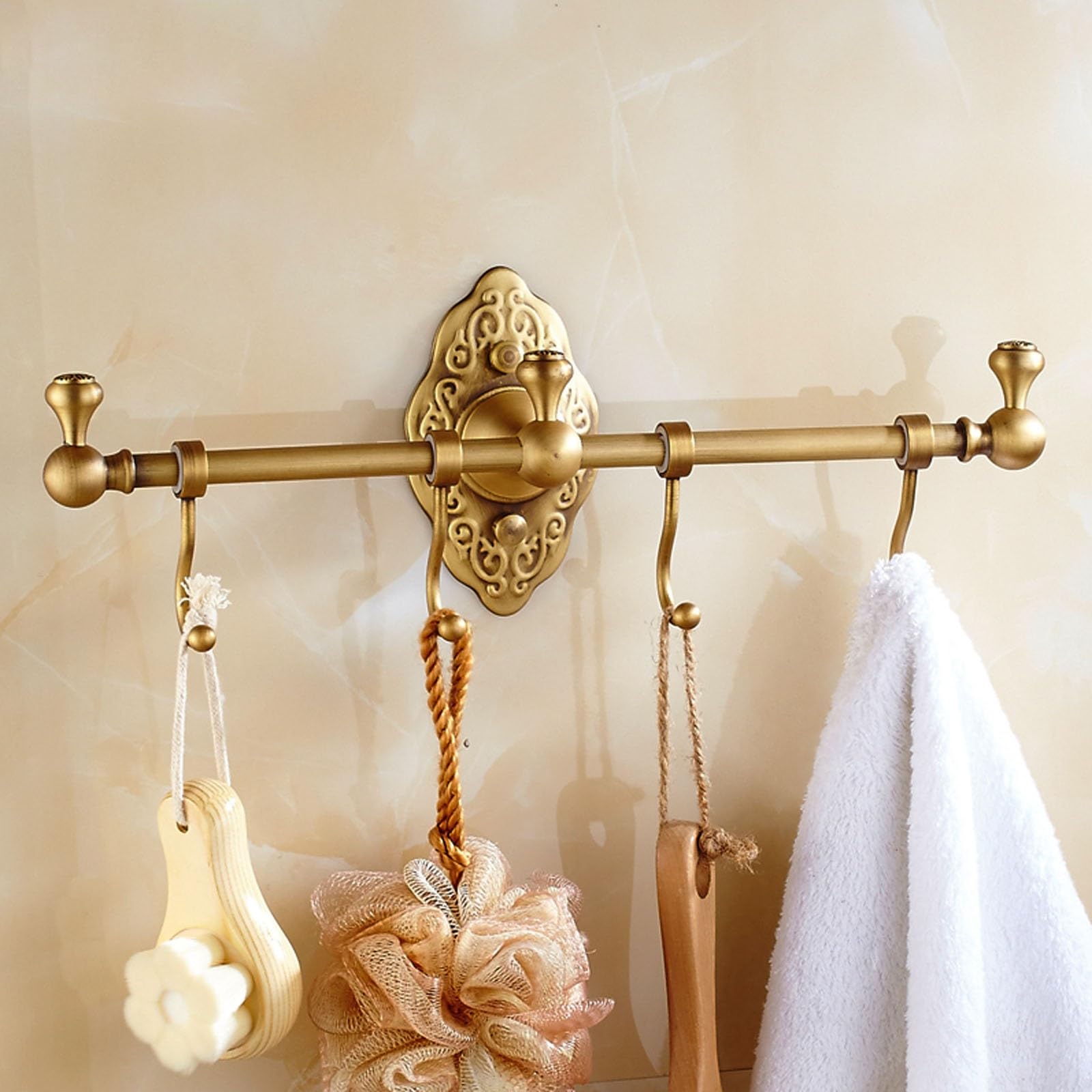 TEMKIN Brass Towel Rail Bar Bathroom Towel Hook Rack，Bath Coat Rack Hook Wall Mounted with 4 Hooks，Antique Bath Robe Hanger Coat Hook Rack Holders，Indoor Kitchen Lavatory Hot Tub Accessories