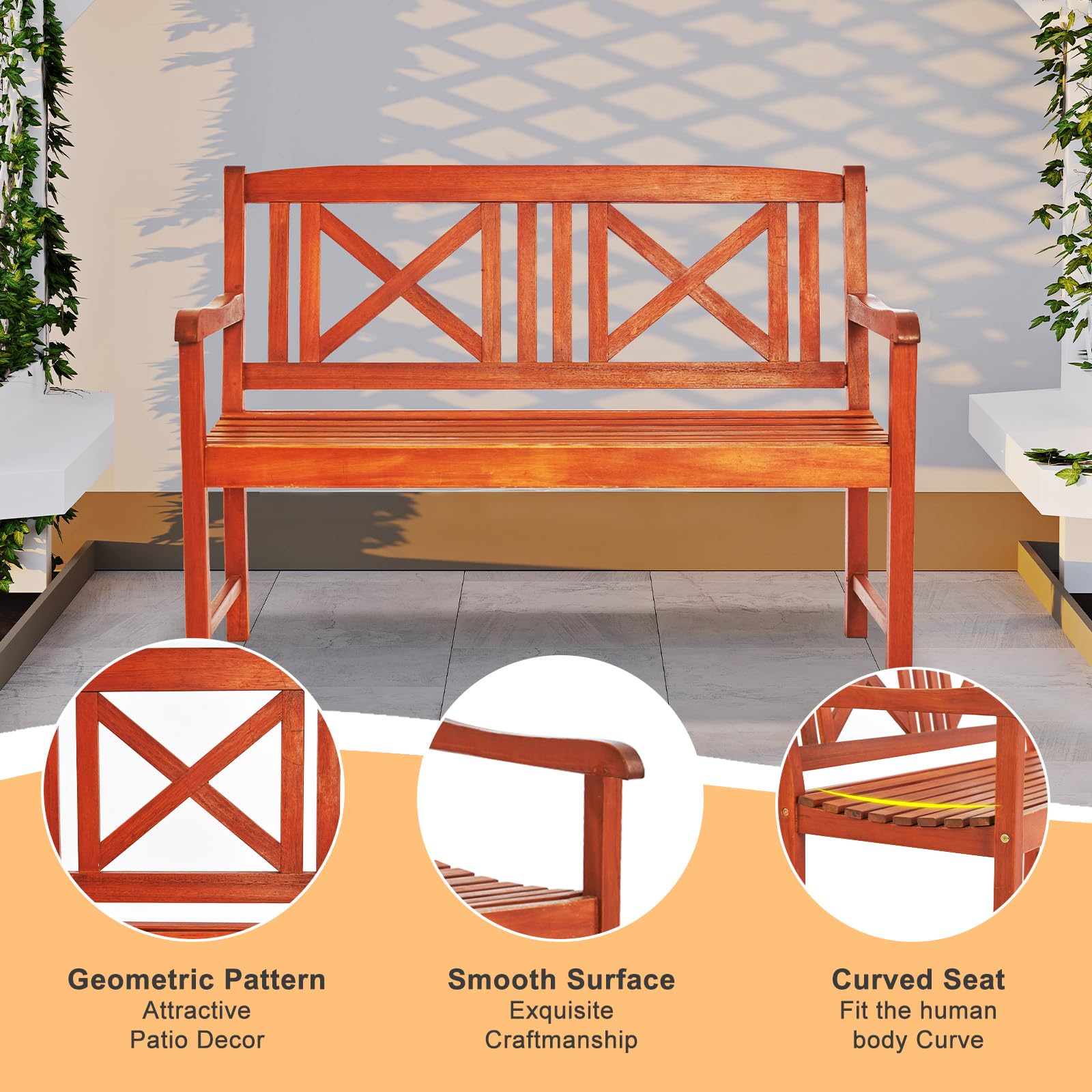 GODECOR Outdoor Wooden Garden Bench, Patio Furniture Acacia Wood Outdoor Loveseat with Armrests & Backrest, Weather Proof 2-Person Outdoor Chair for Park, Porch, Pool, Backyard