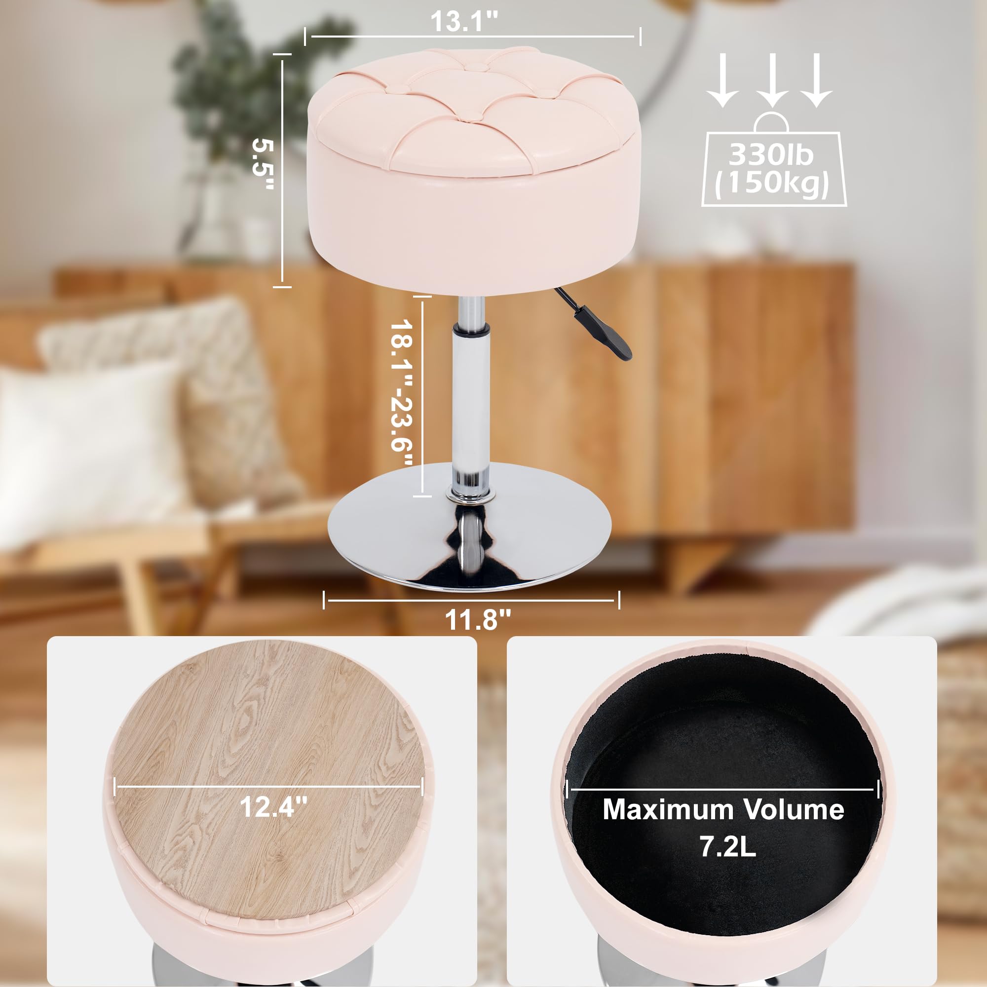 LITZFUR Adjustable Vanity Stool, 360° Swivel Round Storage Ottoman for Makeup Room, PU Leather Vanity Chair for Bathroom, Living Room, Women's Gifts, Pink