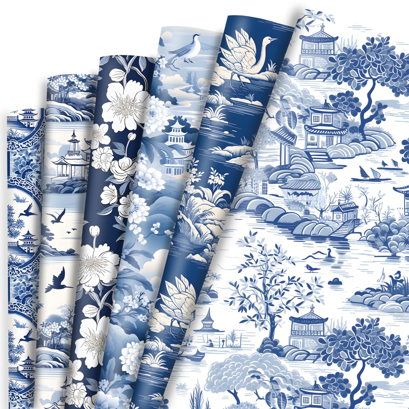 Vnaaem Chinoiserie Wrapping Paper 6 Pc Classic Chinese Landscape Vintage Blue White Floral Gift Wrap Paper for Girls Boys DIY Crafts Birthday Baby Shower Wedding Party Lunar Year,19.6 X27.8Inch