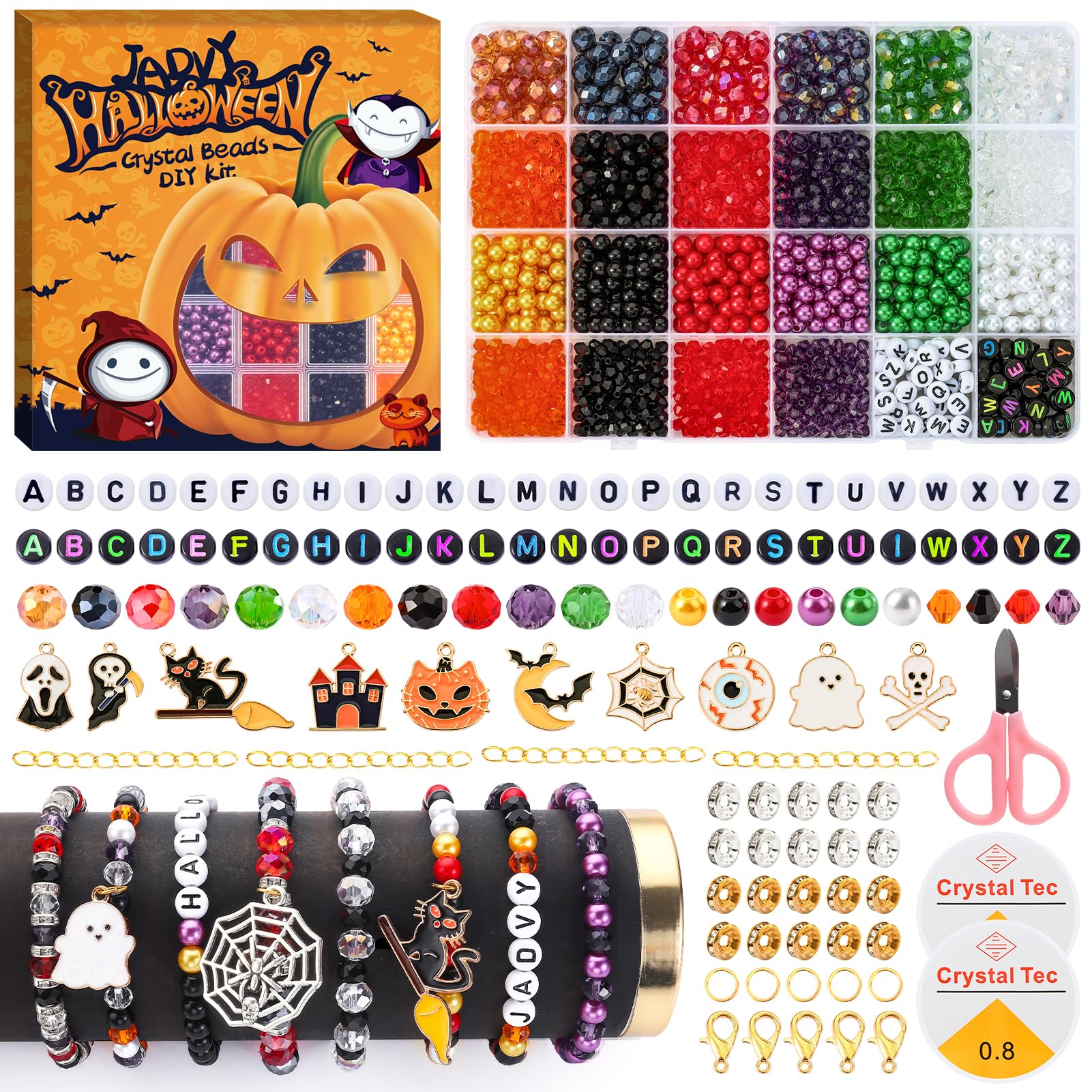 JADVY 1524 pcs Halloween Crystal Beads for Bracelets Making Kit, Pearl Beads + Glass Crystal Beads for Jewelry Making Kit with Pendants and Spacer Beads, Beads & Bead Assortments for Halloween Crafts