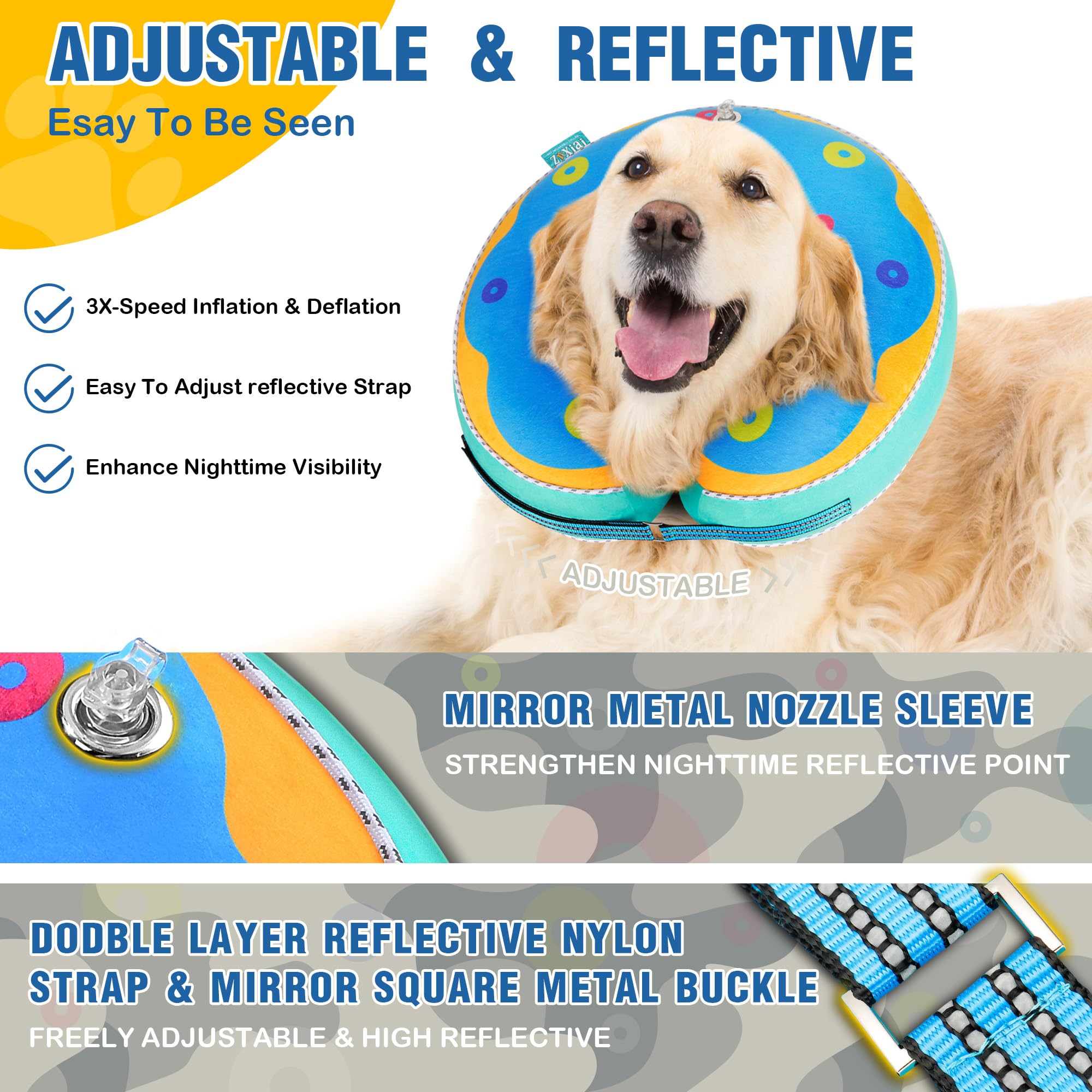 Znxiai Inflatable Reflective Dog Cone Collar Alternative After Surgery,Dog Neck Donut,Recovery Soft Protective E Collar,Adjustable,for Small Medium and Large Dog Cats (Blue, L)