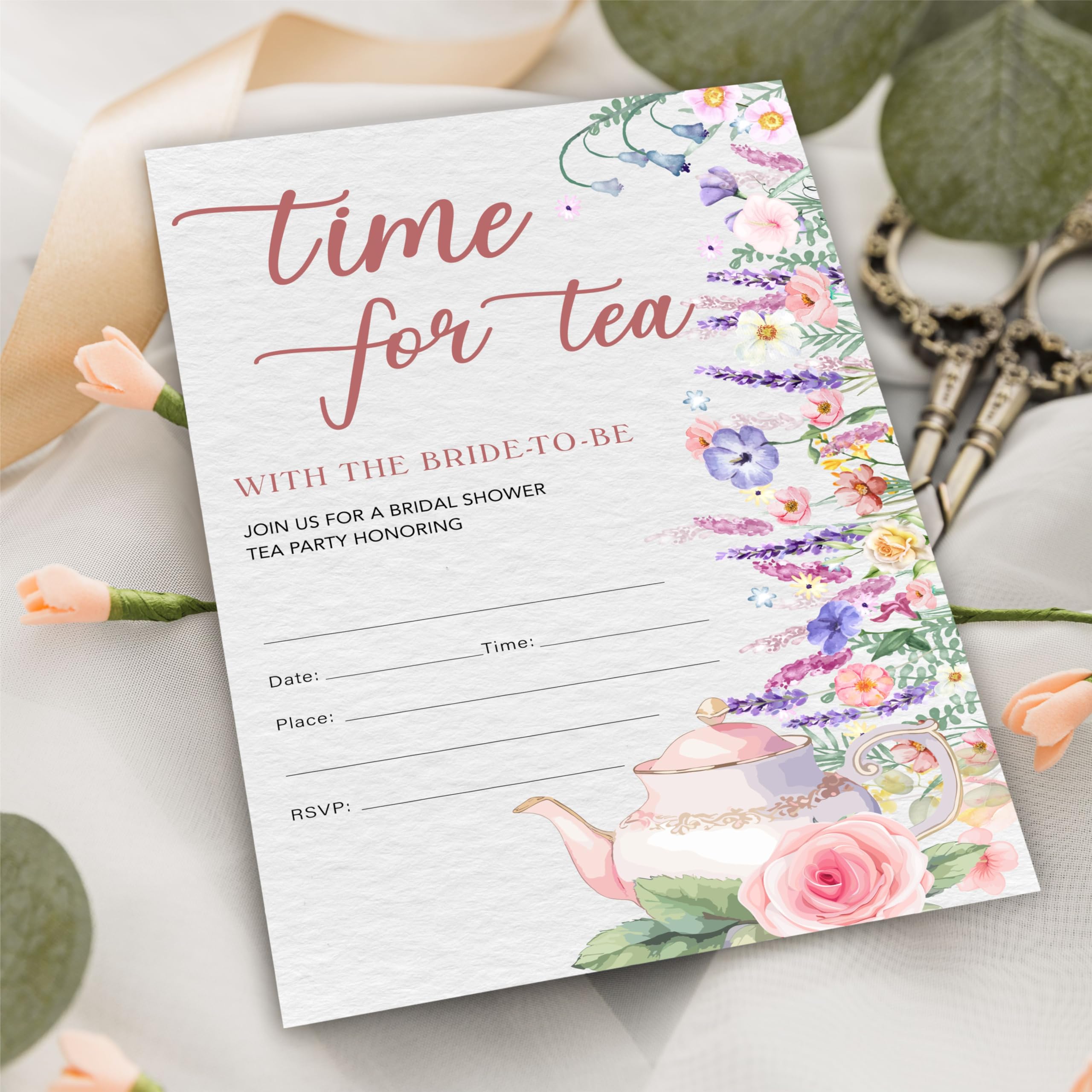 YKYENR Floral & Teapots Bridal Shower Invitations - Time For Tea - 4 x 6 Inches Invites (25 Cards & Envelopes) For Wedding Showers, Newlyweds Parties And Receptions - A06