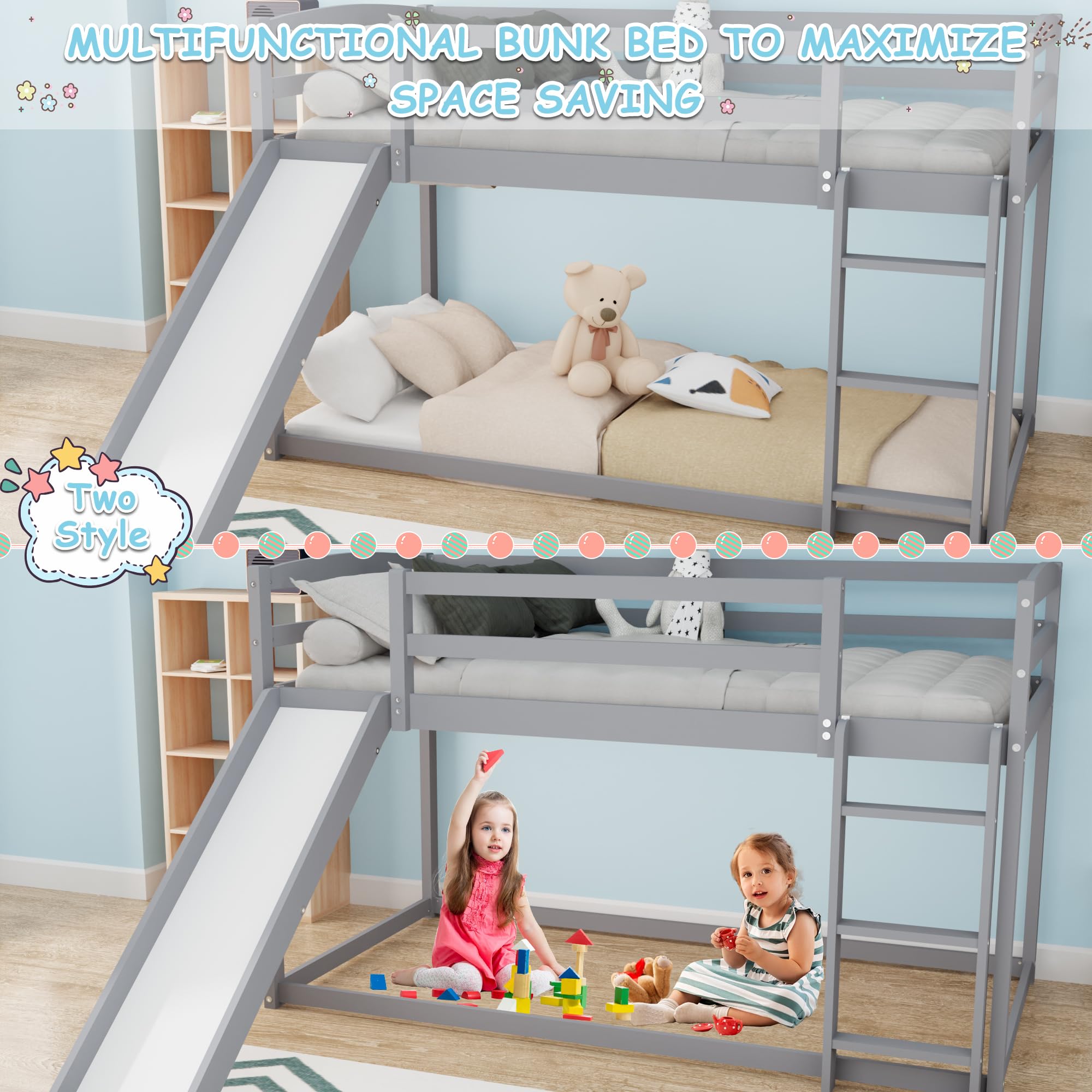 DreamBuck Twin Over Twin Bunk Bed with Convertible Slide and Ladder, Wooden Low Bunk Bed for Kids Teens with Safety Guardrails, Floor Bunk Bed for Boys Girls, Space Saving & Easy Assembly, Grey