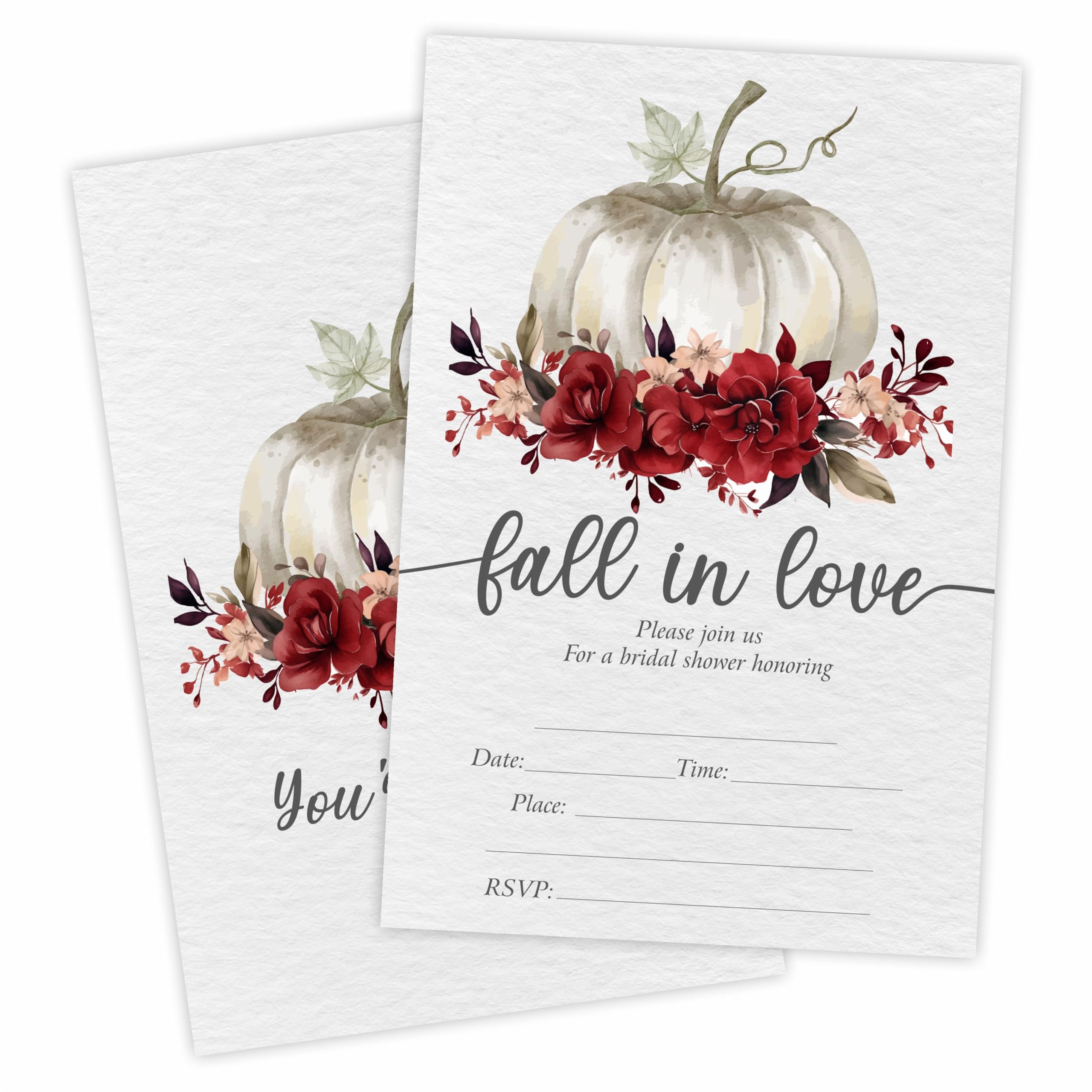 YKYENR Pumpkins & Floral Bridal Shower Invitations - Fall In Love - 4 x 6 Inches Invites (25 Cards & Envelopes) For Wedding Showers, Newlyweds Parties And Receptions - A14