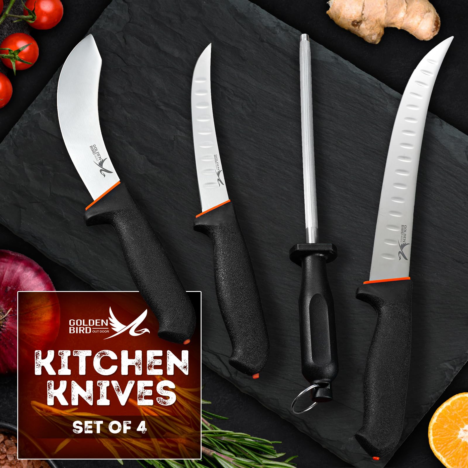 Golden Bird Butcher Knife Set - 4 Piece Professional BBQ Knife Set Include 6" Boning Knife, 6" Skinning Knife, 10" Butcher Breaking Knife & 8" Sharpener Rod