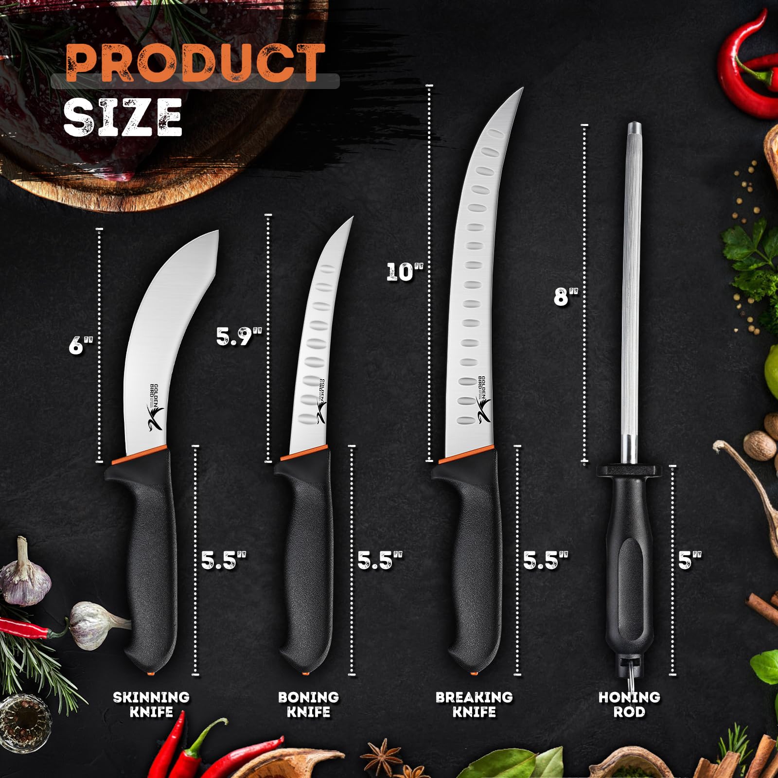 Golden Bird Butcher Knife Set - 4 Piece Professional BBQ Knife Set Include 6" Boning Knife, 6" Skinning Knife, 10" Butcher Breaking Knife & 8" Sharpener Rod