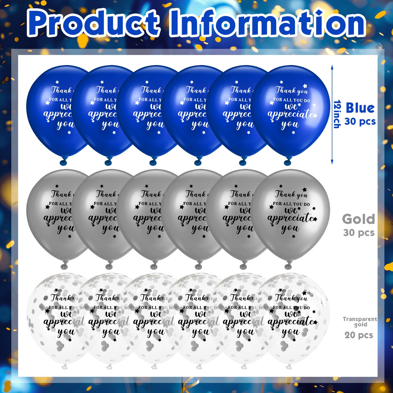 Seenelling 80 Pcs Thank You for All You Do, We Appreciate You Balloons Thank You Balloons for Customer Service Week Pastor Employee Appreciation Xmas Party(Blue, Silvery, Transparent Silver)