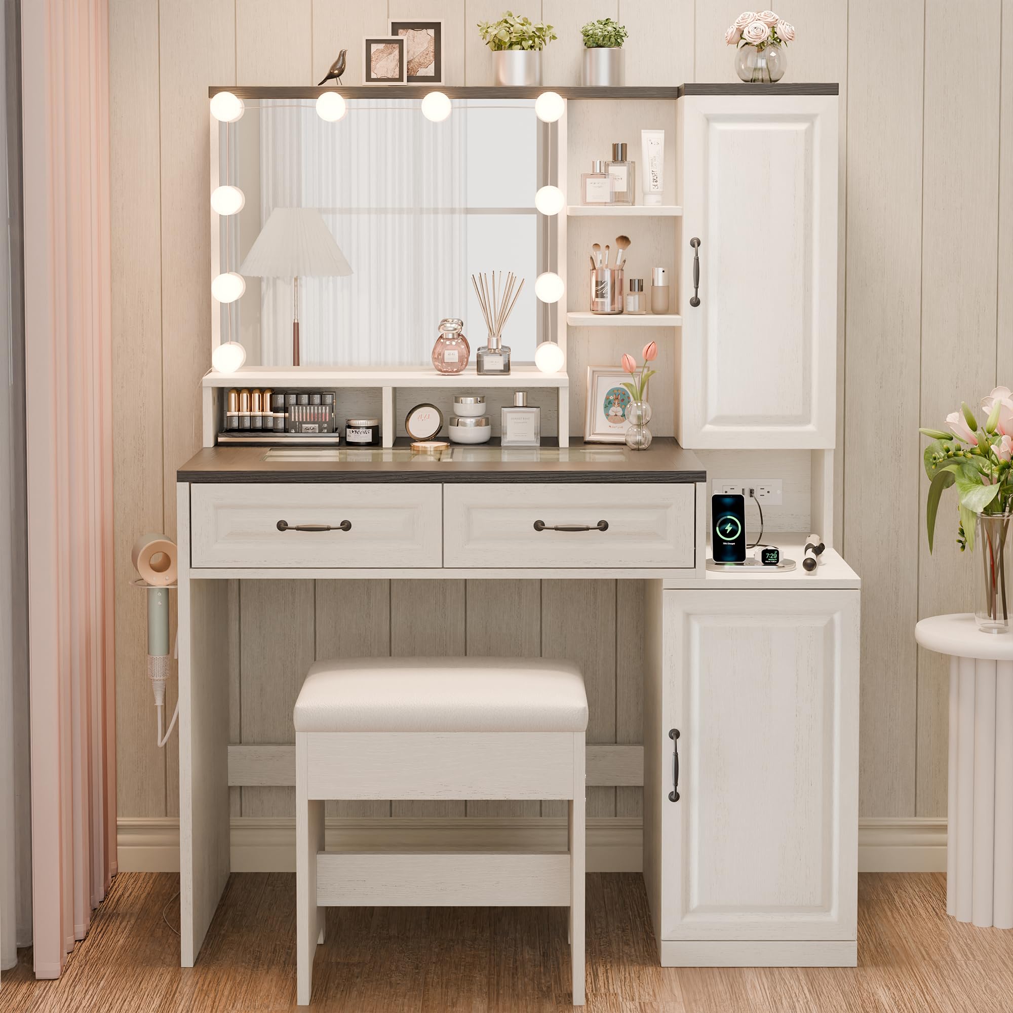 MU Makeup Vanity Desk with Mirror and Lights, White Vanity Table Set with Charging Station, Glass Top Vanity with 2 Drawers, 2 Cabinets and Multi-Shelf, 3 Lighting Modes Large Mirror