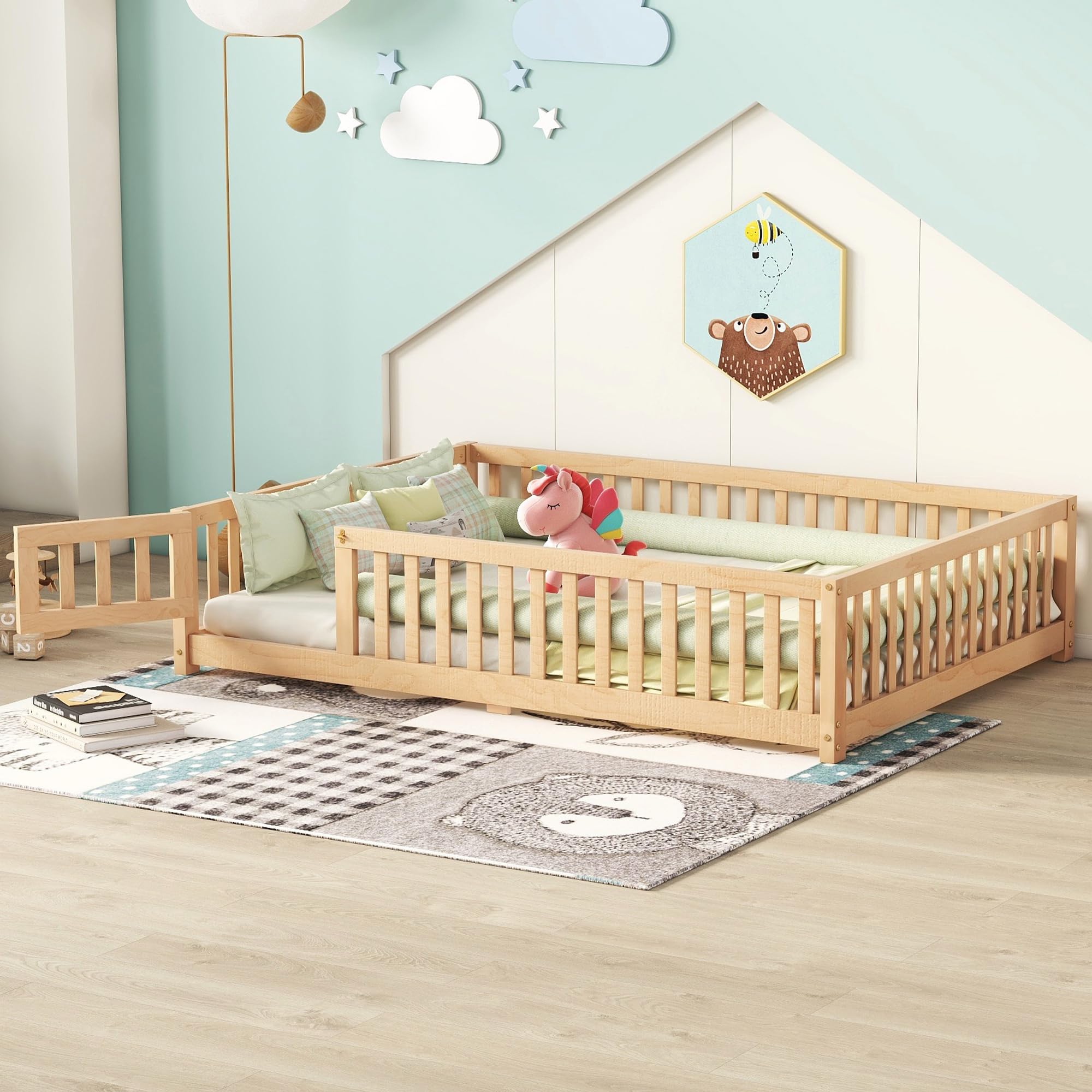 Luxo Abode Multifunctional Full Size Floor Bed with Safety Guardrails and Door, Removable Wood Slats, Montessori Beds Frame for Toddlers, Easy Assembly, for Boys and Girls Room, Natural