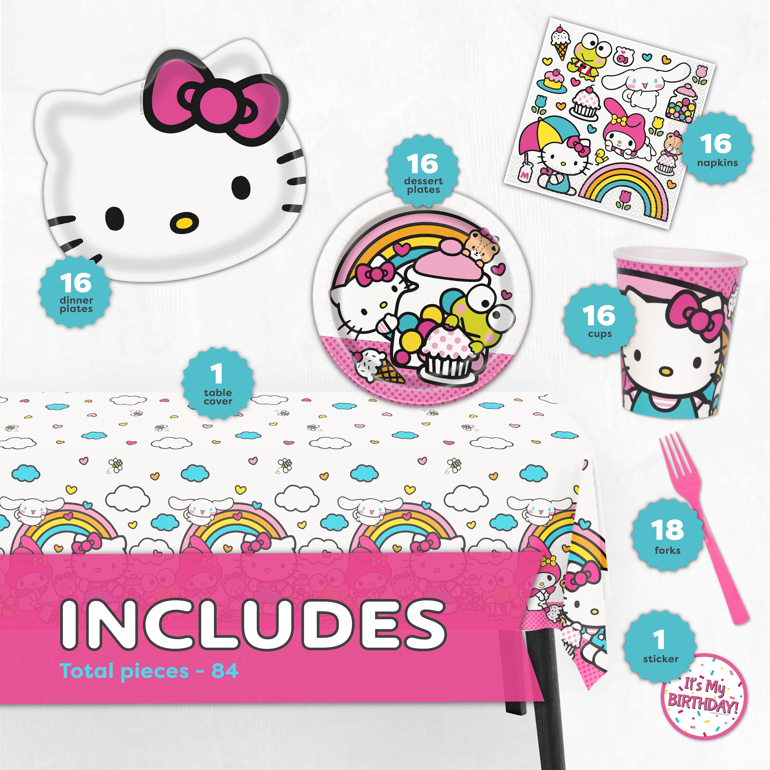 Hello Kitty Birthday Decorations & Party Supplies | Hello Kitty Plates and Napkins, Cups, Tablecloth, Forks, Sticker | Serves 16 Guests | Officially Licensed