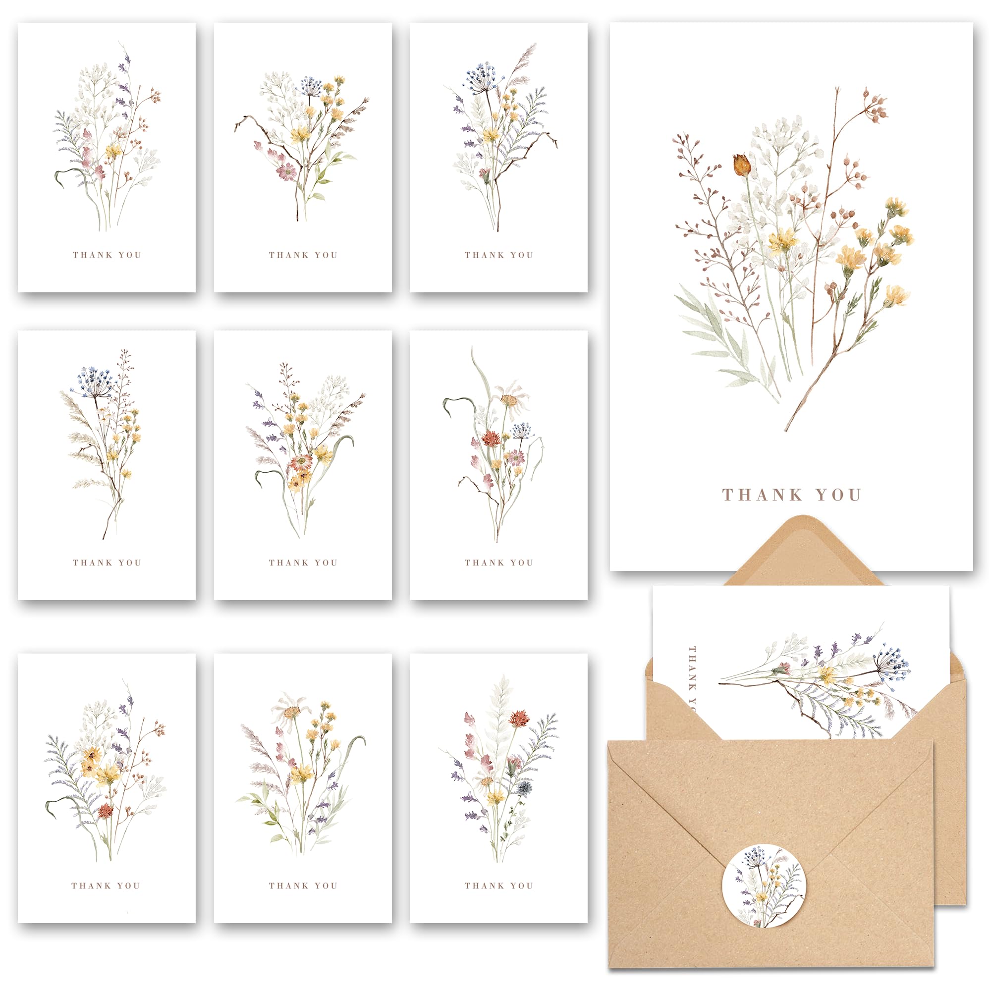 Wildflower Thank You Cards with Envelopes (20 pack 4"x6") - Floral Thank You Cards with Adhesive Envelope & Matching Stickers - Thank You Cards for Birthday, Wedding, Bridal Showers, Baby Showers