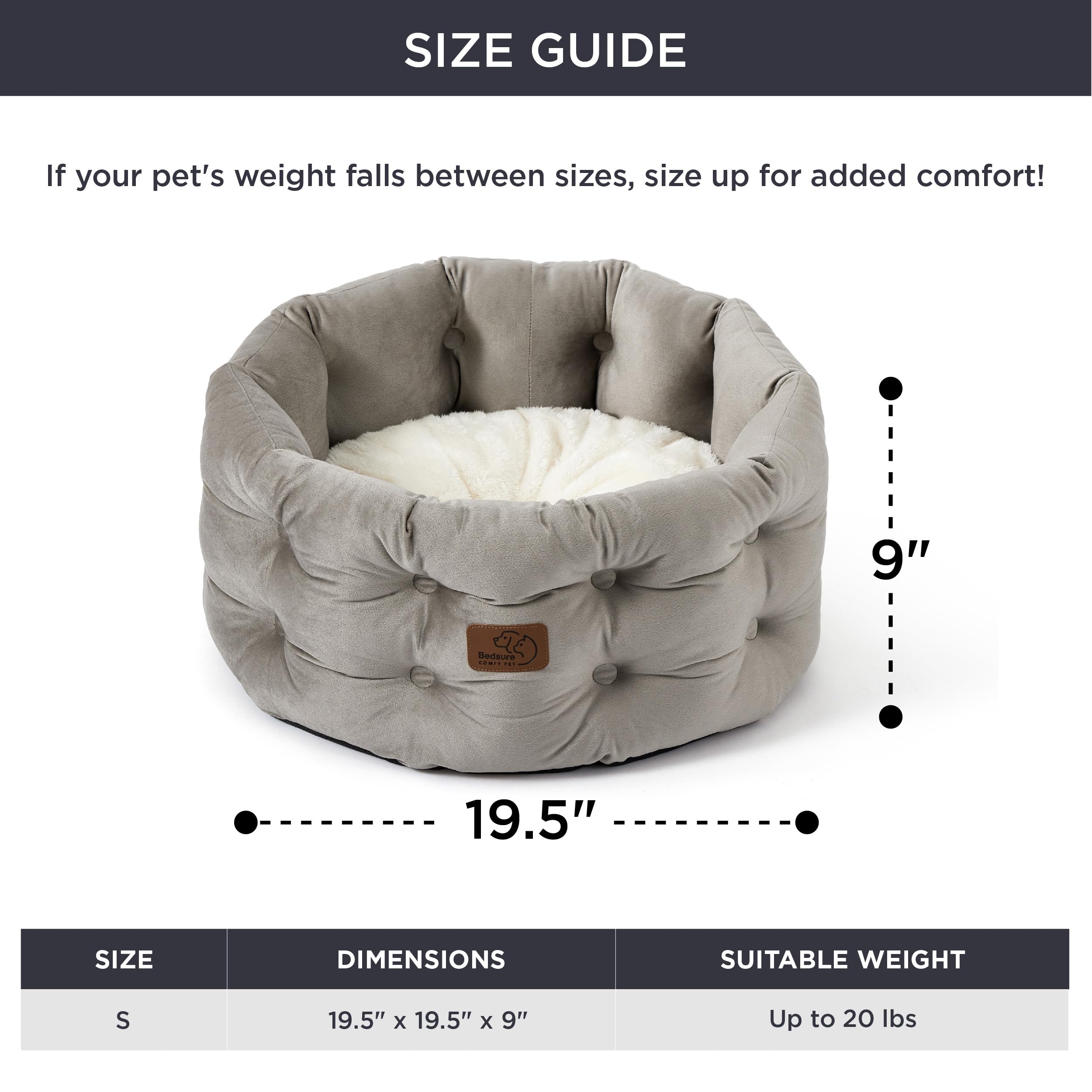 Bedsure Round Cat Beds for Indoor Cats, Washable Small Dog Bed for Puppy and Kitten with Classic Chesterfield Style, 20x20x9inches, Ash Grey