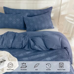 JELLYMONI Blue Duvet Cover Full Size - 3 PCS Microfiber Tufted Duvet Cover Set, Boho Textured Duvet Cover Jacquard Rhombus Geometric Pattern Duvet Cover with Corner Ties & Zipper Closure