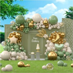 141Pcs Sage Green Balloon Arch Garland Kit & Electric Balloon Pump, Green - White - Confetti Clear - Gold - Balloons For Oh Baby Shower Bridal Shower Wedding Birthday Housewarming Party Decorations