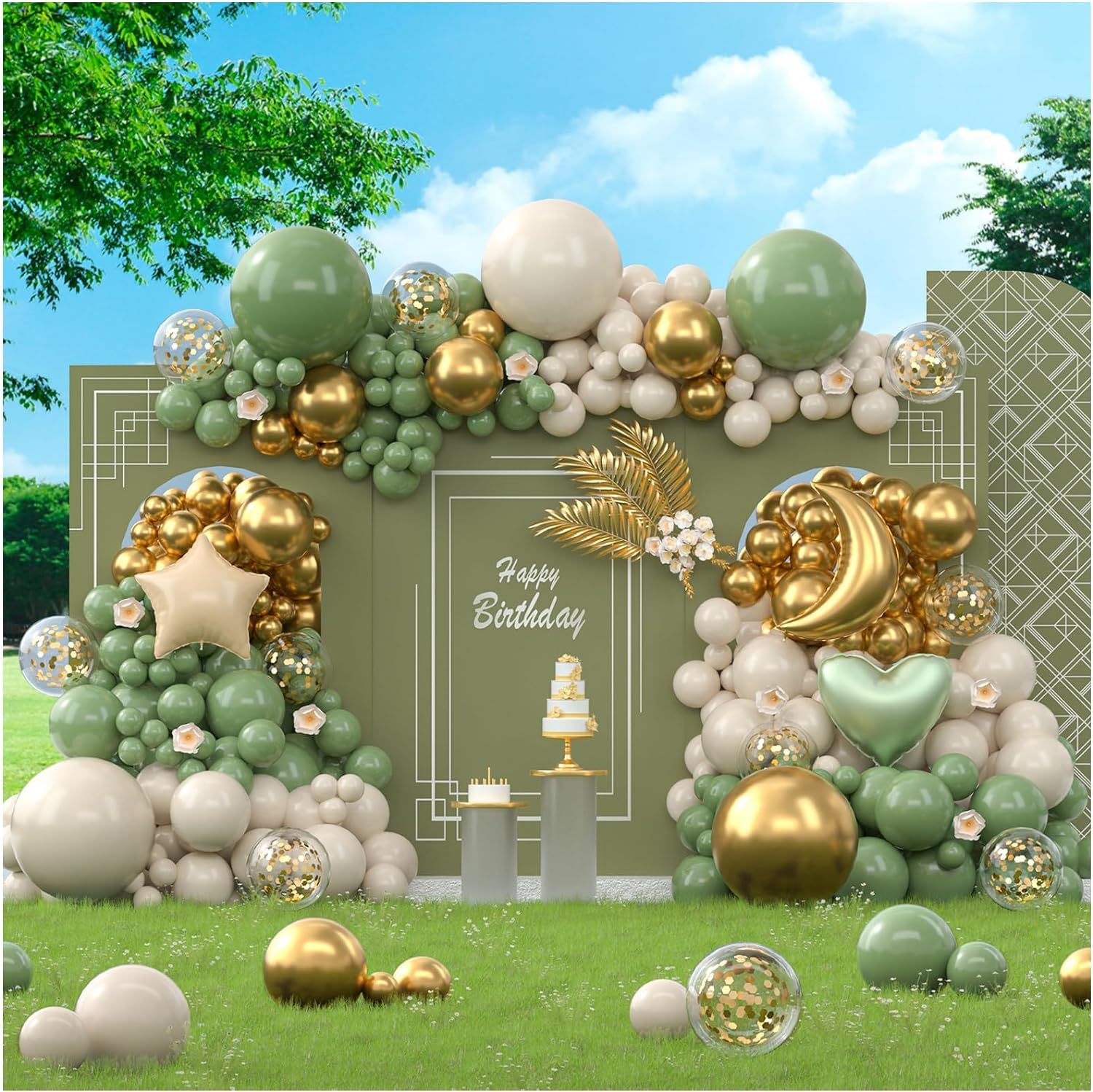 141Pcs Sage Green Balloon Arch Garland Kit & Electric Balloon Pump, Green - White - Confetti Clear - Gold - Balloons For Oh Baby Shower Bridal Shower Wedding Birthday Housewarming Party Decorations