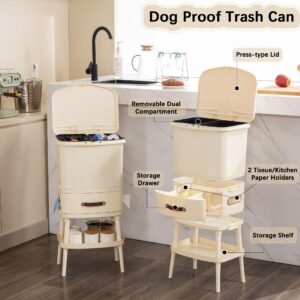 VECELO 12 Gal Kitchen Trash Can with Lid, Garbage Bin with Push Button/Tissue Holders/Drawer/Storage Rack, Dog Proof Narrow Dual Compartment Waste Basket for Bathroom/Bedroom/Living Room/Office, White