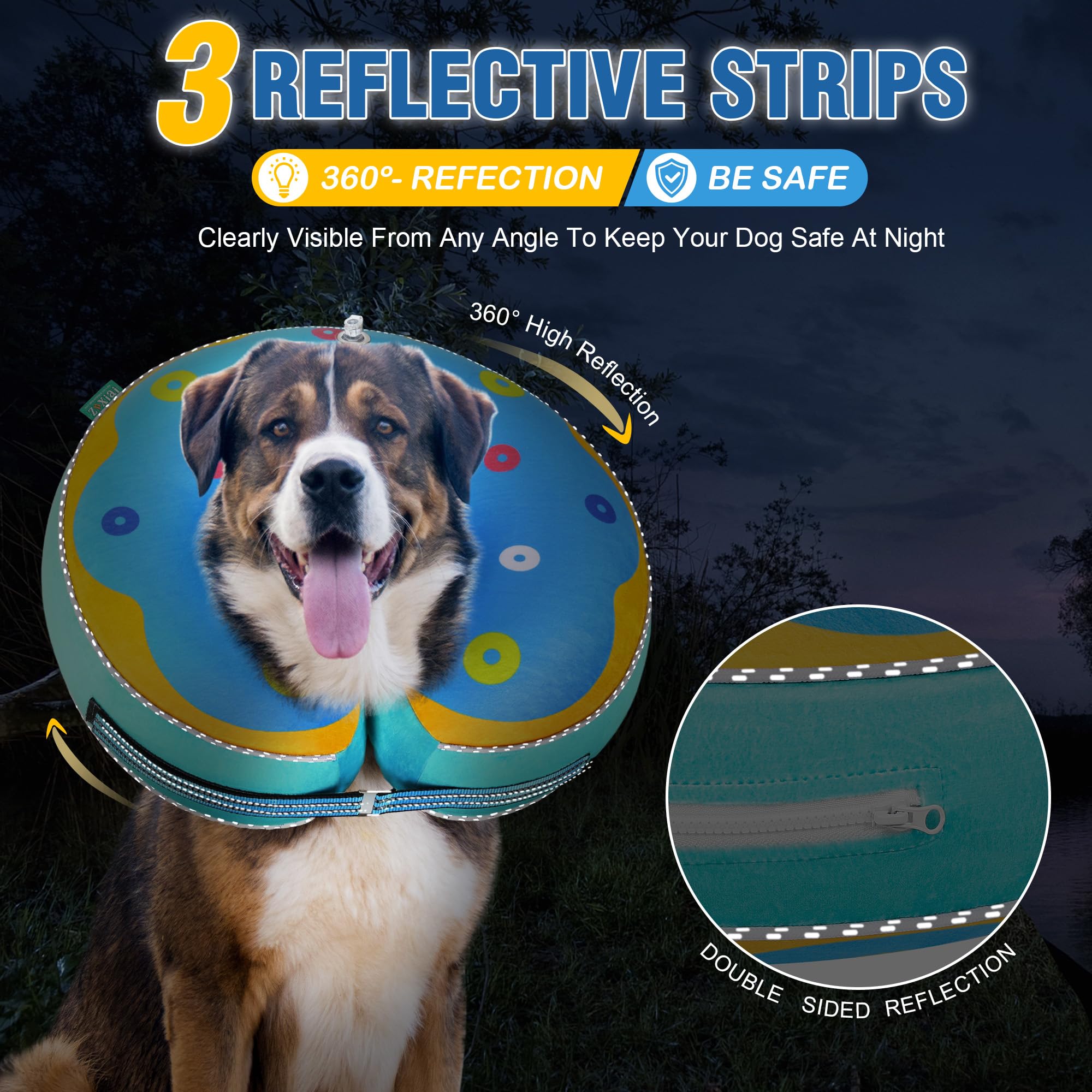 Znxiai Inflatable Reflective Dog Cone Collar Alternative After Surgery,Dog Neck Donut,Recovery Soft Protective E Collar,Adjustable,for Small Medium and Large Dog Cats (Blue, L)