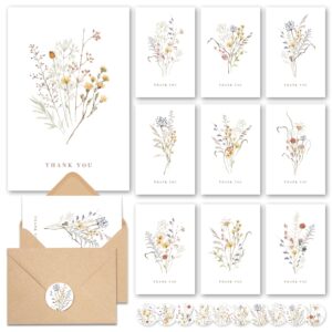 wildflower thank you cards with envelopes (20 pack 4"x6") - floral thank you cards with adhesive envelope & matching stickers - thank you cards for birthday, wedding, bridal showers, baby showers