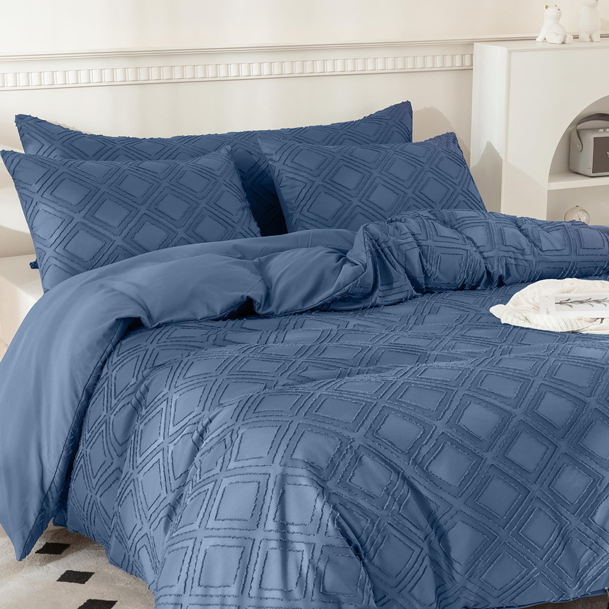 JELLYMONI Blue Duvet Cover Queen Size - 3 PCS Microfiber Tufted Duvet Cover Set, Boho Textured Duvet Cover Jacquard Rhombus Geometric Pattern Duvet Cover with Corner Ties & Zipper Closure