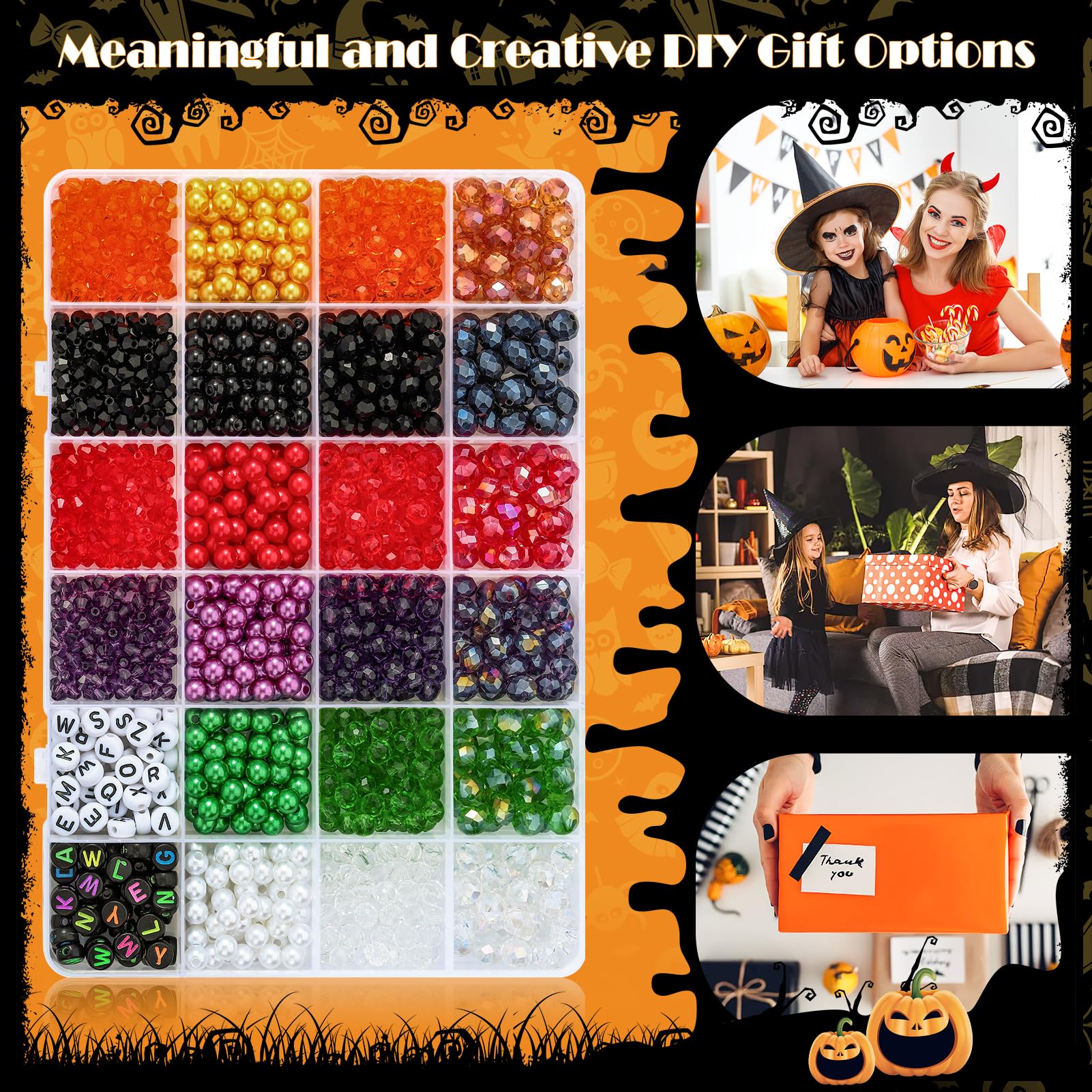 JADVY 1524 pcs Halloween Crystal Beads for Bracelets Making Kit, Pearl Beads + Glass Crystal Beads for Jewelry Making Kit with Pendants and Spacer Beads, Beads & Bead Assortments for Halloween Crafts