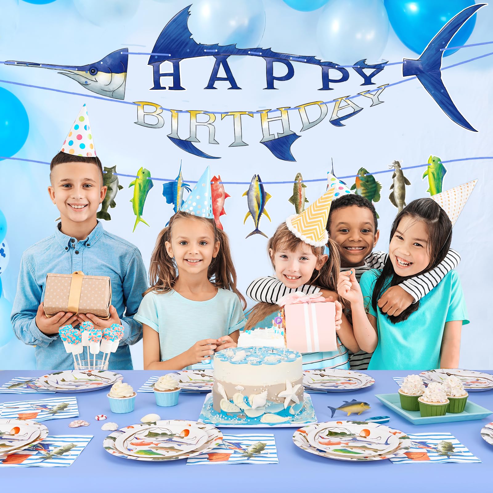 WERNNSAI Fishing Happy Birthday Party Banner - Gone Fishing String Hanging Banner with Pre-strung Fishing Banner Supplies for Boys Litter Fisherman Birthday Party Hanging Wall Decorations