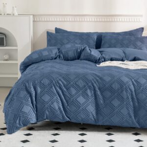 jellymoni blue duvet cover queen size - 3 pcs microfiber tufted duvet cover set, boho textured duvet cover jacquard rhombus geometric pattern duvet cover with corner ties & zipper closure