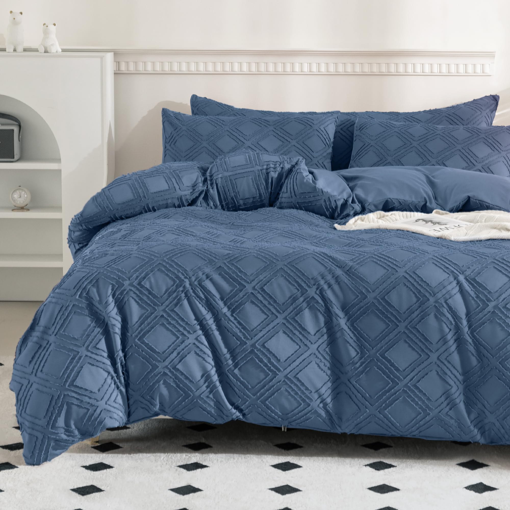 JELLYMONI Blue Duvet Cover Full Size - 3 PCS Microfiber Tufted Duvet Cover Set, Boho Textured Duvet Cover Jacquard Rhombus Geometric Pattern Duvet Cover with Corner Ties & Zipper Closure